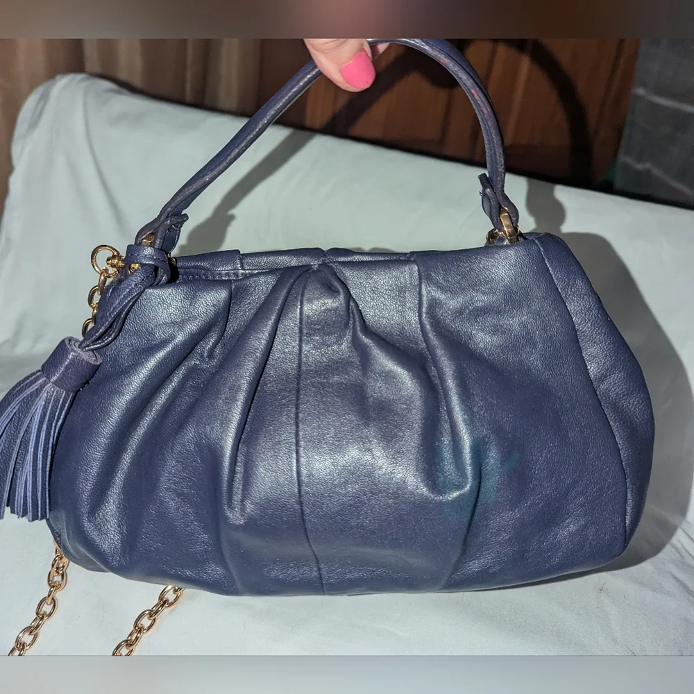 Alfani Navy Leather Ruched Y2K Shoulder Bag with Tassel And Gold Chain Accent